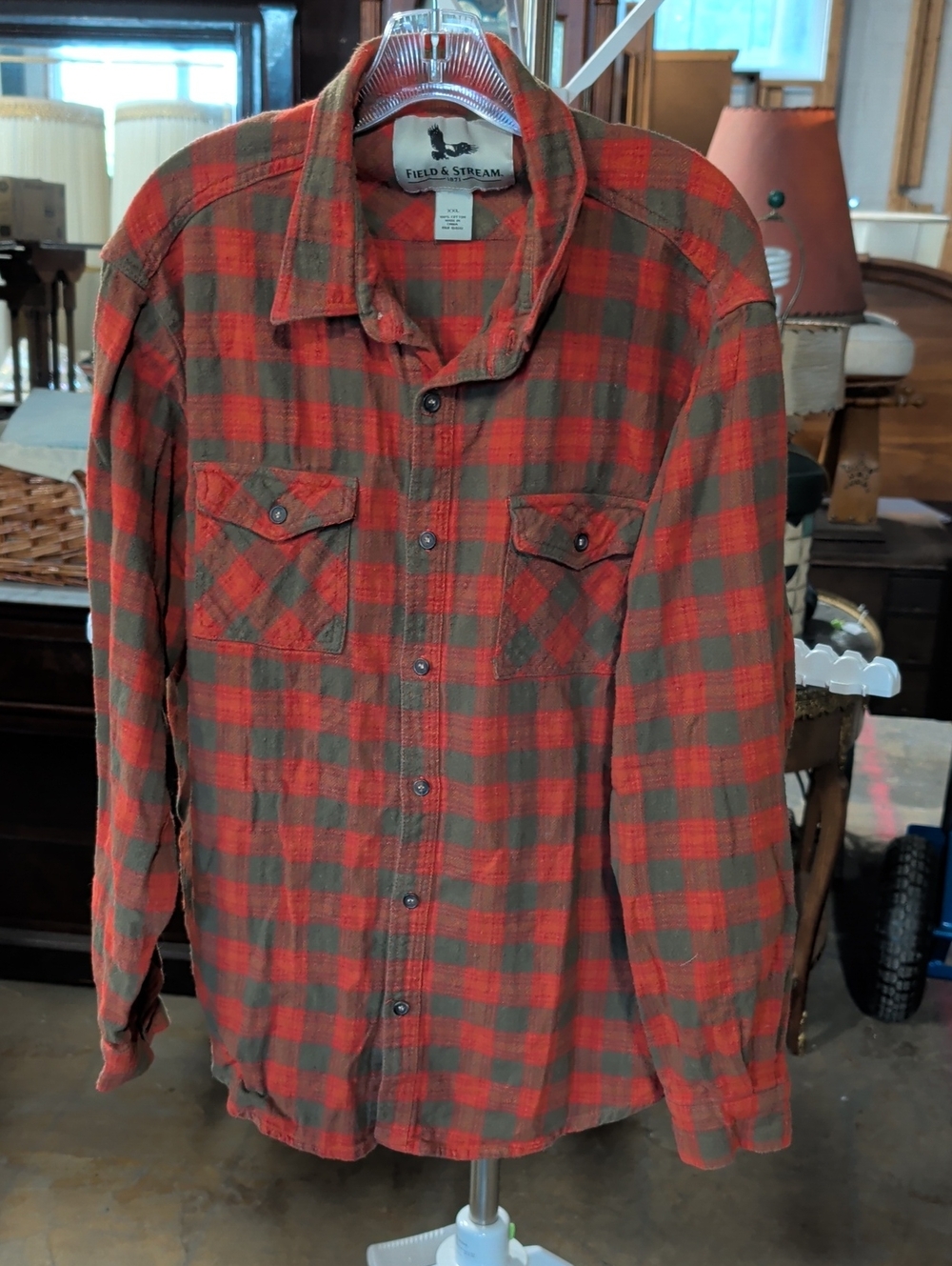 Field & Stream Orange and Olive Plaid Flannel Shirt